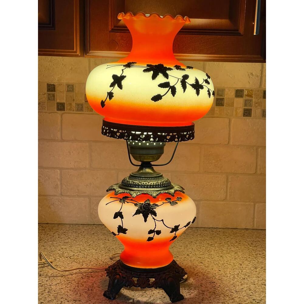 Vintage Mid-Century Modern Hurricane Lamp — White & Orange Floral Gone with Wind